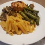 Asparagus with Shitake, Salmon and Red Lentil Pasta