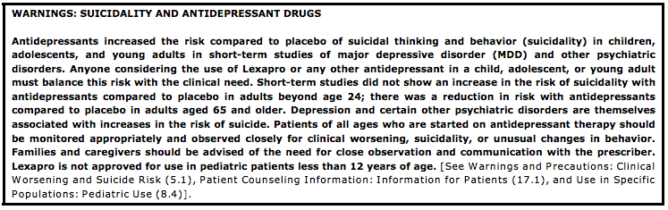 SIG-E-CAPS Depression questions - Suicidality warning label for antidepressant lexapro FDA Image Credit Time Magazine