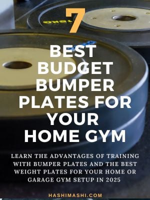 Stack of black bumper weight plates with bold text overlay that reads “7 Best Budget Bumper Plates for a Home Gym.”