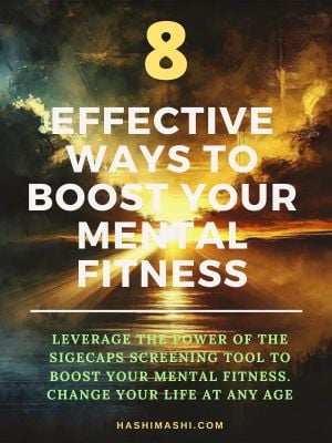 The image displays a sunset or sunrise over calm water, with gold and dark blue tones creating a reflective, serene atmosphere. Overlaid in bold yellow and white text are the words: “8 Great Ways to Boost Your Mental Fitness”