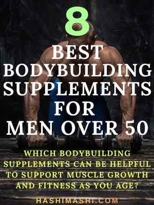 Muscular man over 50 doing push-ups with text overlay '8 Best Bodybuilding Supplements for Men Over 50' and question 'Which bodybuilding supplements can be helpful to support muscle growth and fitness as you age?