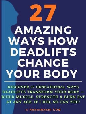 Bold graphic cover with large orange number 27 and white text ‘Amazing Ways How Deadlifts Change Your Body’ over a dark blue background with a stylized seablue silhouette on the left