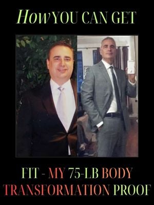 Before and after weight loss transformation photos of a man in busting out of his suit (me!): left side heavier with white shirt and tie, right side leaner in gray suit that finally fit off the rack, holding phone – 75 lb loss in 6 months, over 50, from real food and strength training.