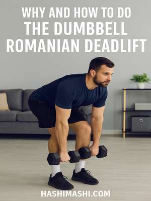 Man performing a dumbbell Romanian deadlift at home with proper form, demonstrating the hip hinge movement.
