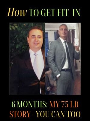 Before and after photo of Rich: left side shows him at age 49 wearing a dark suit and tie with visible extra weight busting out of his jacket; right side shows him at age 56, 75 pounds lighter, in a fitted gray suit, smiling and holding a phone to record the unexpected results.