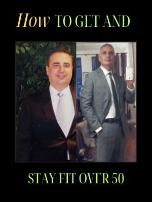 Before and after photo of Rich: left side shows him at age 49 wearing a dark suit and tie with visible extra weight busting out of his jacket; right side shows him at age 56, 75 pounds lighter, in a fitted gray suit, smiling and holding a phone to record the unexpected results.