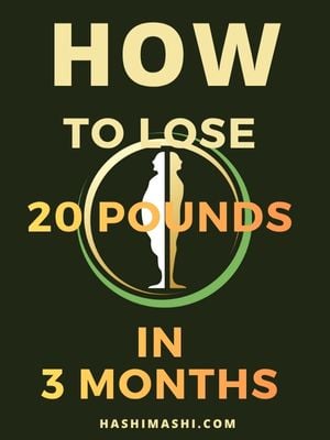 Dark green background with bold beige and orange text reading “How to Lose 20 Pounds in 3 Months,” featuring the Hashi Mashi logo — a circular emblem with a standing human silhouette transforming from obese to fit, outlined in green and orange gradients.