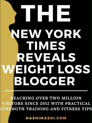 Gold silhouette of a fit man on black background with white text overlay: "The New York Times Reveals Weight Loss Blogger" and tagline reaching over two million visitors since 2012.
